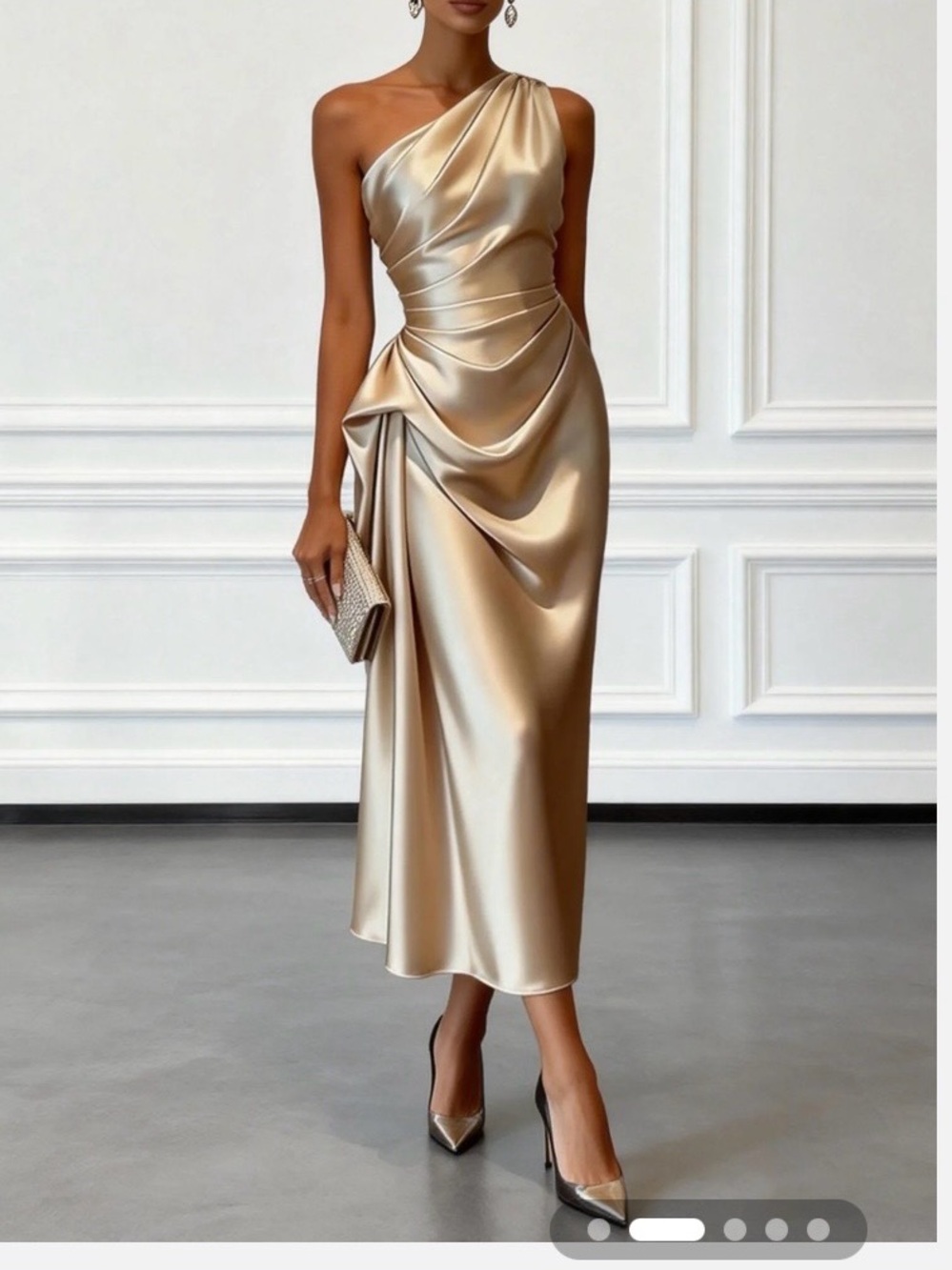 Asymmetric One-Shoulder Satin Dress in Champagne Gold special occasion dress.